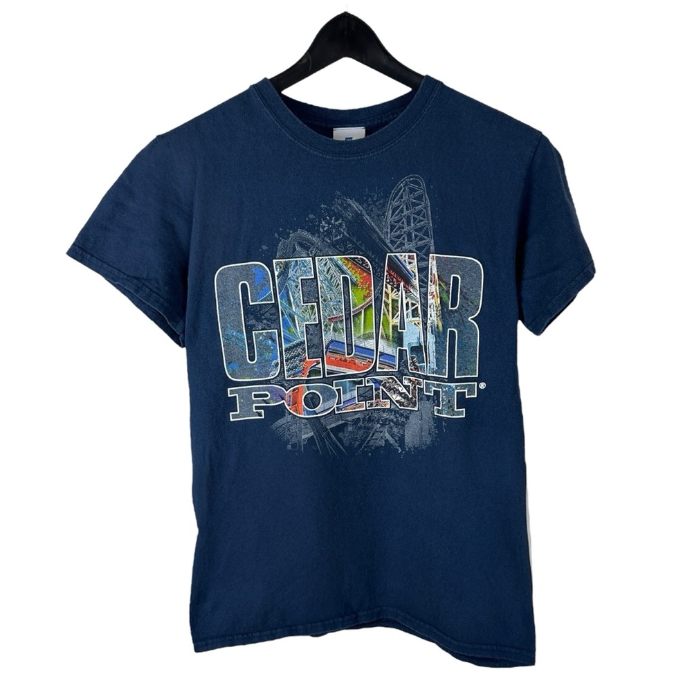 Mens Y2K Cedar Point Theme Park Roller Coaster Graphic Blue Shirt Size S